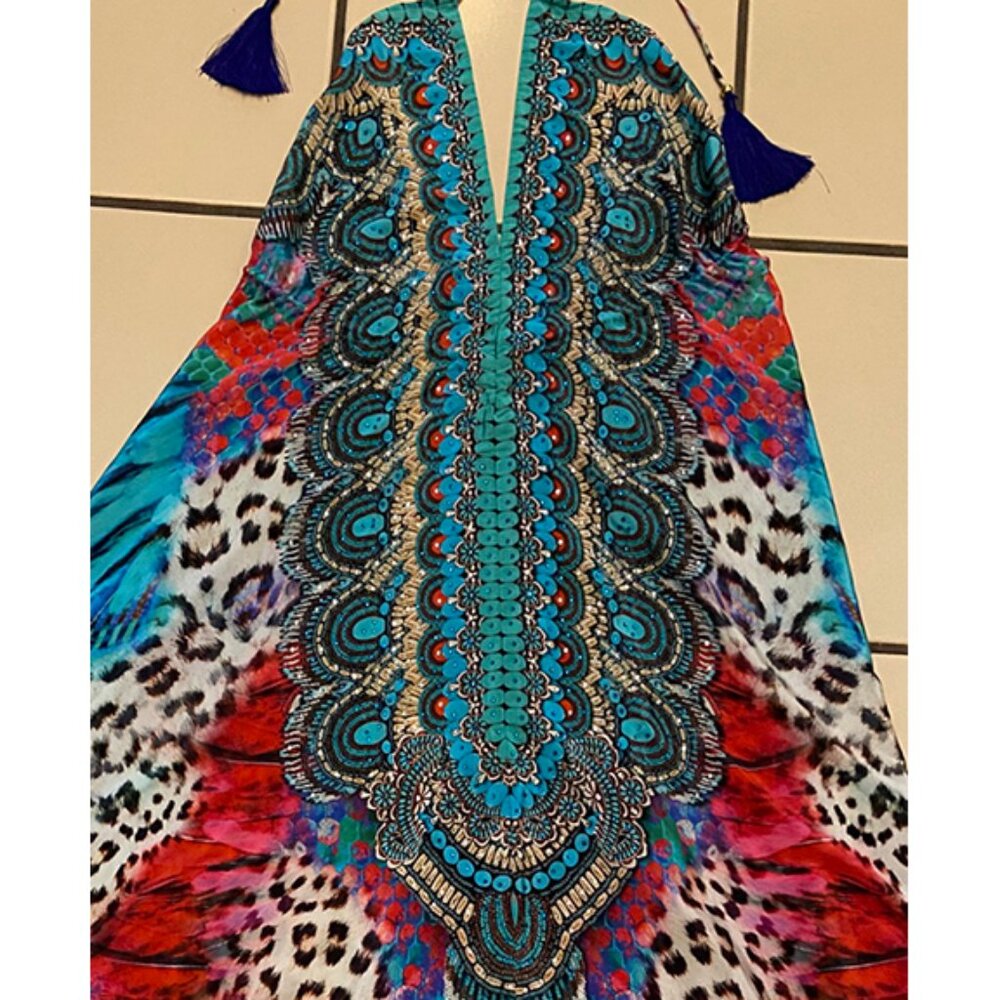 True Colours: Beaded, colorful, handcrafted, halter neck dress, S/M.